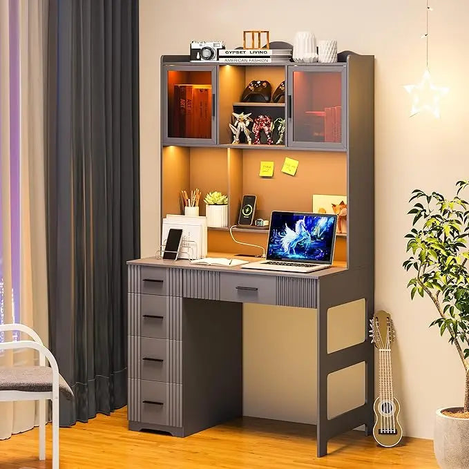 LED Study Desk with Hutch, Drawers, Outlet & Charging Station for Home Office, Bedroom or Small Space (Black)