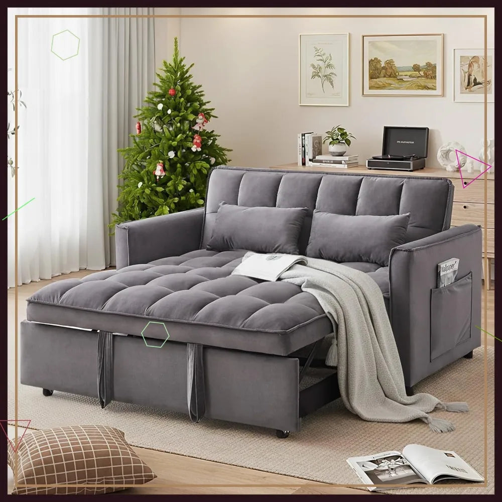 Convertible Sleeper Sofa Bed, 54'' Loveseat with Adjustable Backrest, Velvet Fabric, Pull Out Couch for Living Room