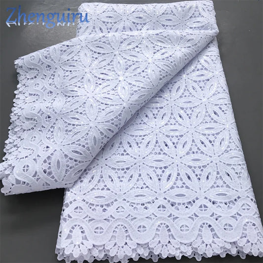 Pure White Nigerian Guipure Lace Fabric 2025 High Quality Water Soluble African Sequin Cord Lace Fabric for Party Dress Sew 4025