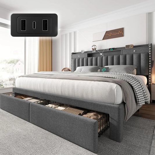 Bed Frame with 4 Storage Drawers, Upholstered Platform  Bed Frame and Headboard, 3 USB & Type-C, Customized