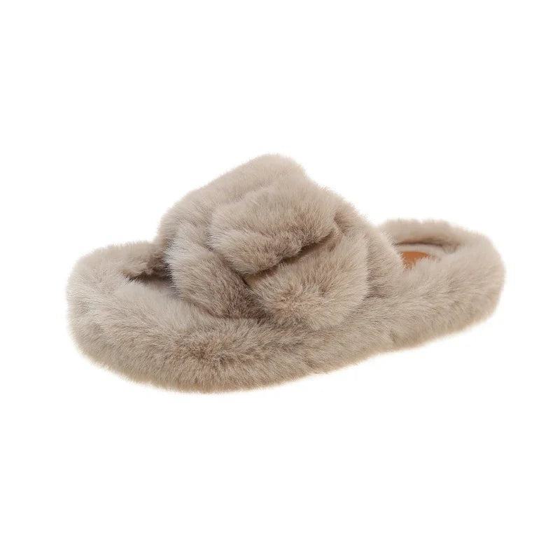 Women's Fashion Flat Fluffy Slippers Winter New Round Head Open Toe Suede Warm Comfortable Cotton Drag