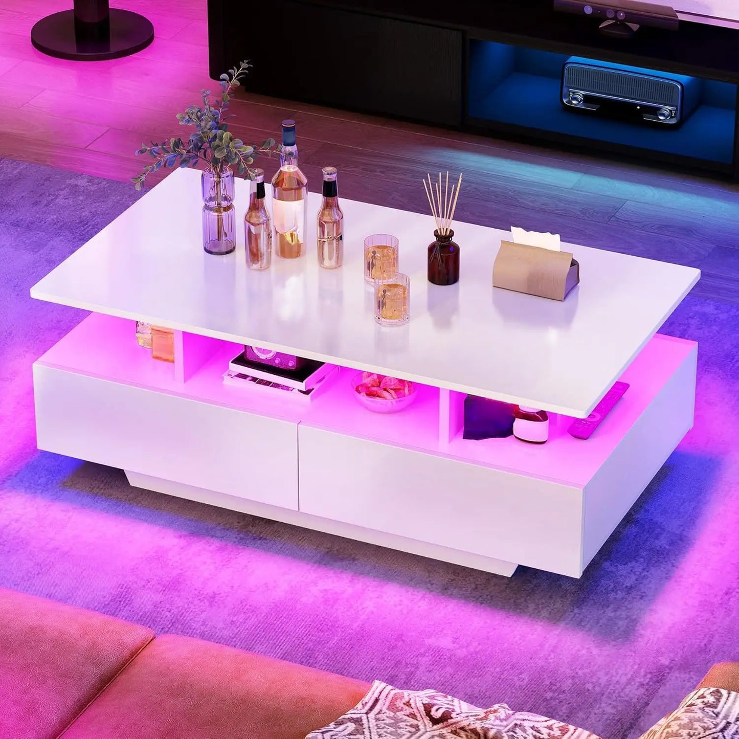 led coffee tables for living room, high glossy coffee table with storage 4 sliding drawers, small rectangular led coffee table
