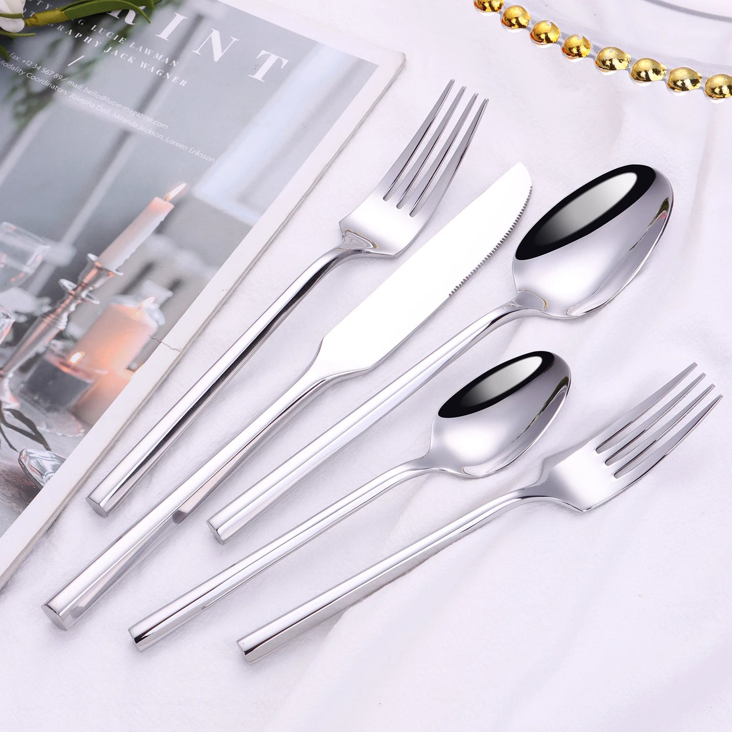 6/16/20Pcs Stainless Steel 304 Cutlery Set Mirror Sliver Tableware Western Hexagonal Handle Dinner Set Matte Knife Fork Spoon