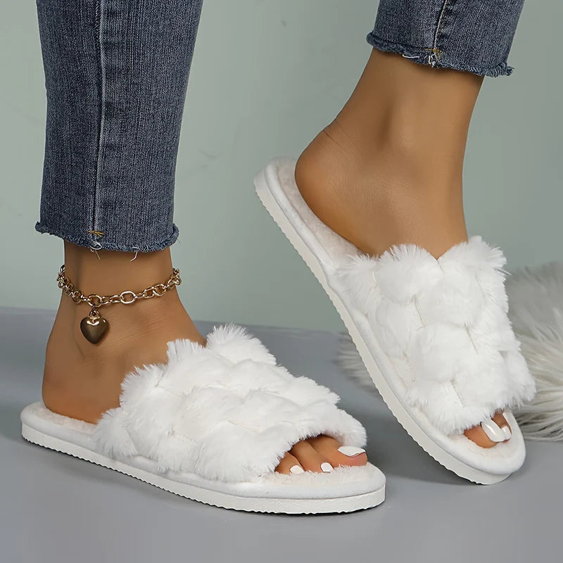 Women's Open Toe Fuzzy Slippers Autumn Winter Plush Warm Indoor Home Slides Woman Fluffy Faux Fur Soft Comfortable House Shoes