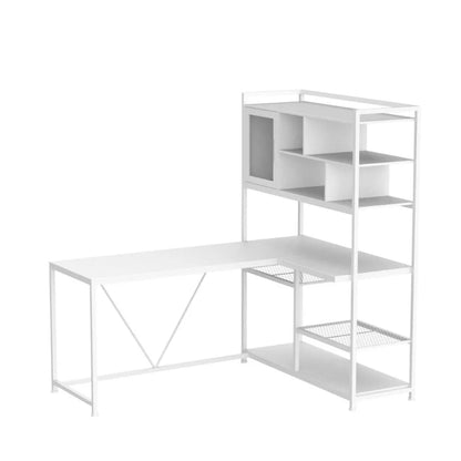 L Shaped Computer Desk, 58'' Office Desk with LED Light and Bookshelf, L Shaped Corner Desk with Storage Shelves