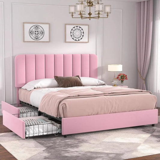 Pink Velvet Full-Size Platform Bed with 4 Drawers and Headboard, Wooden Slat Support, No Box Spring Needed
