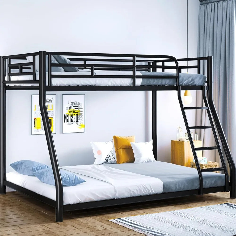 Metal Bunk Bed, Full Size Bed Frame, Twin Over Full Bunk Bed with Safety Guardrail and Ladder, Bunk Beds Twin Over Full Size