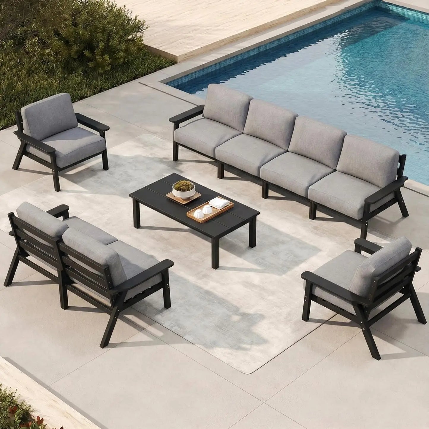 Patio Furniture Set 8 Seats, HDPE Outdoor Sectional with Beige Washable Thick Cushions, Coffee Table, Patio, Customized