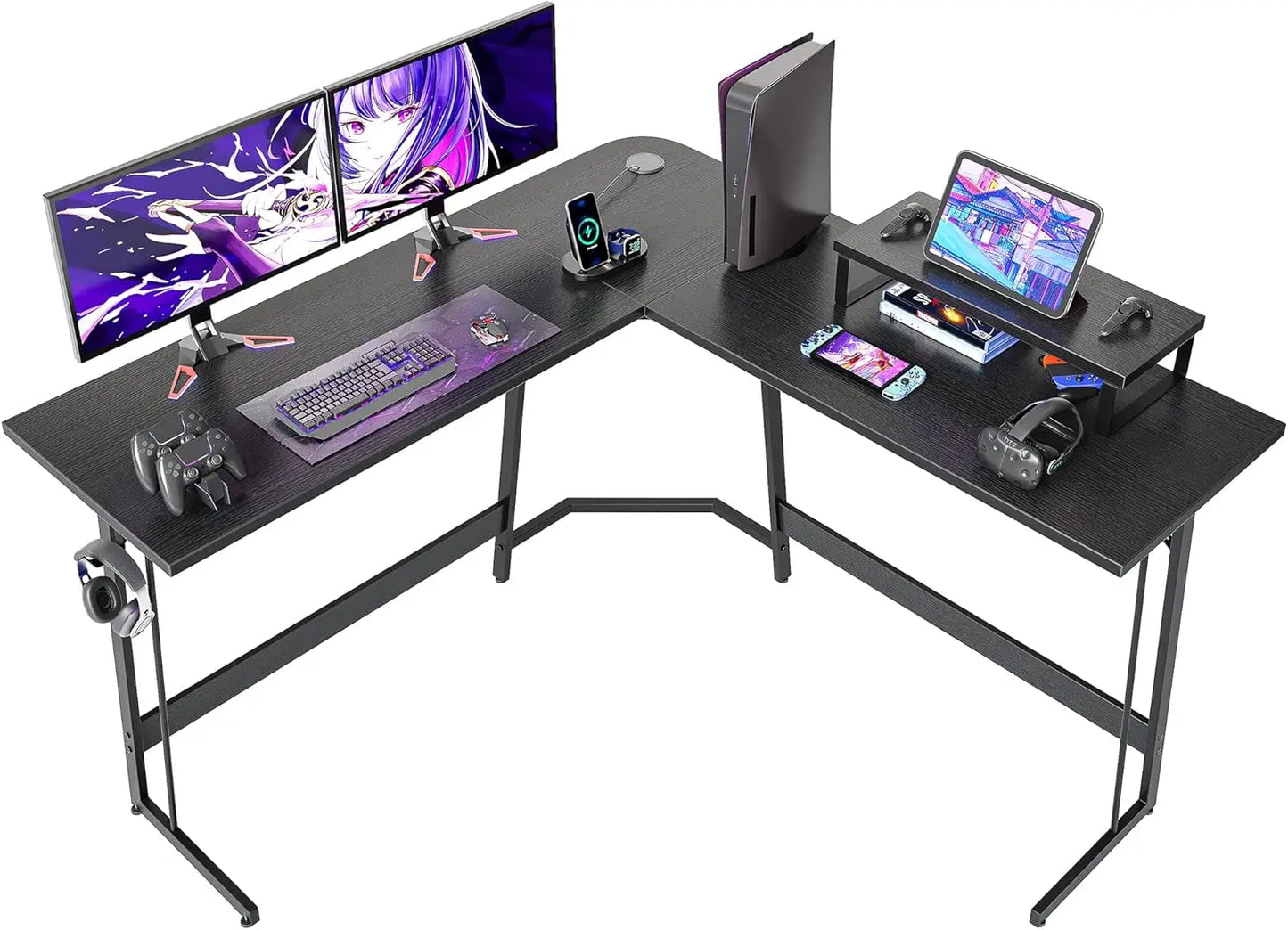 L Shaped Gaming Desk Computer Office Desk with Carbon Fiber Surface, 47 inch Corner Desk with Large Monitor Stand for Home Offic