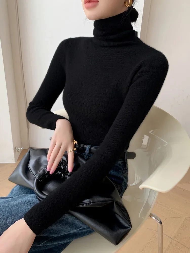 Women Long Sleeve Knitted Pullover Solid Casual Slim Sweater 2025 Autumn Winter Turtleneck Warm Jumper Simple Base Layer Top