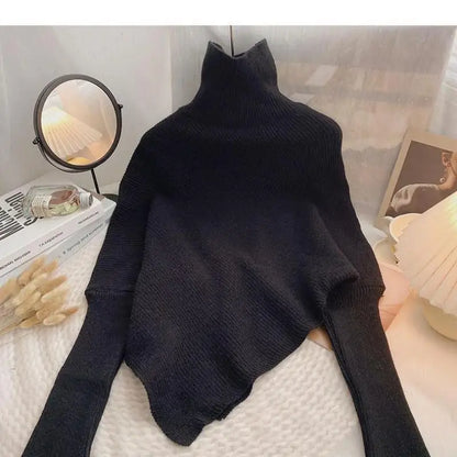 2025 Autumn Winter Women Fashion Irregular Loose Knit Sweater Vintage High Neck Long Sleeve Female Pullovers Chic Tops