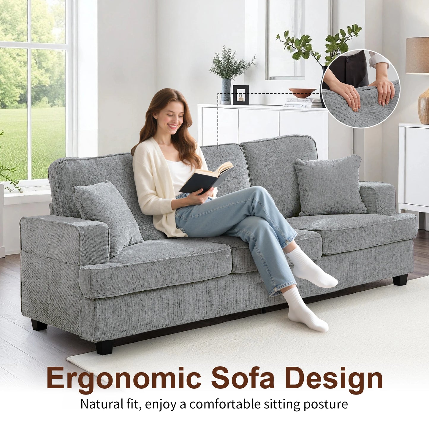 Couches for Living Room, 89 inch Cloud Couch Sofa in Chenile with Extra Comfy Soft Seats, Modern 3 Seater Sofas for Bedroom