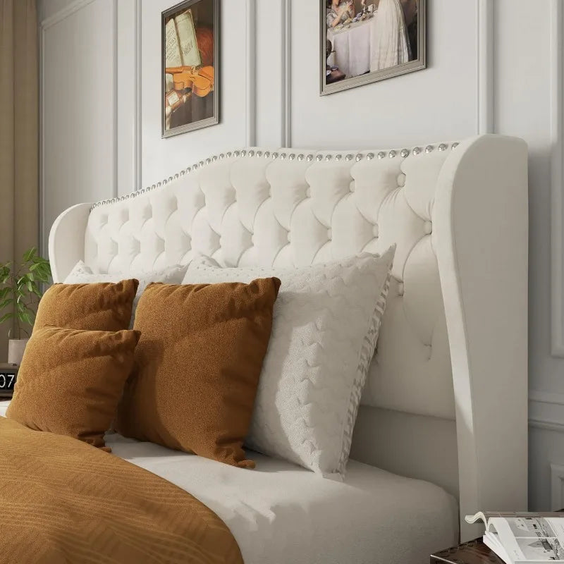 Platform Bed Frame with 51-inch Tall Camelback Headboard & Wingback, Deep Button Tufted Footboard with Nailhead Trim,