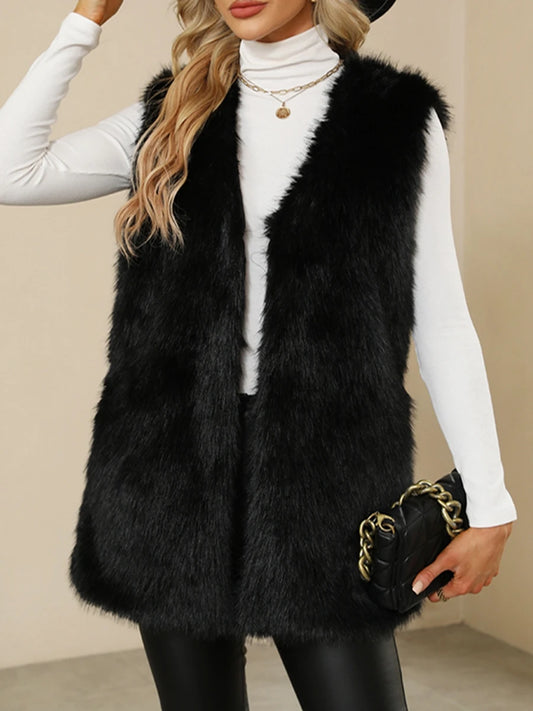 Ladies Winter Sleeveless Vest Button-Up Faux Fur Jacket with Solid Color Design for Warmth and Style
