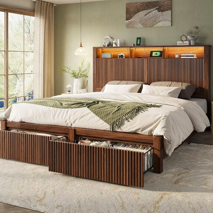 King Bed Frame and Headboard& 2 Storage Drawer, King Size Bed Frame with LED Light and Charging Port, Farmhouse, Customized