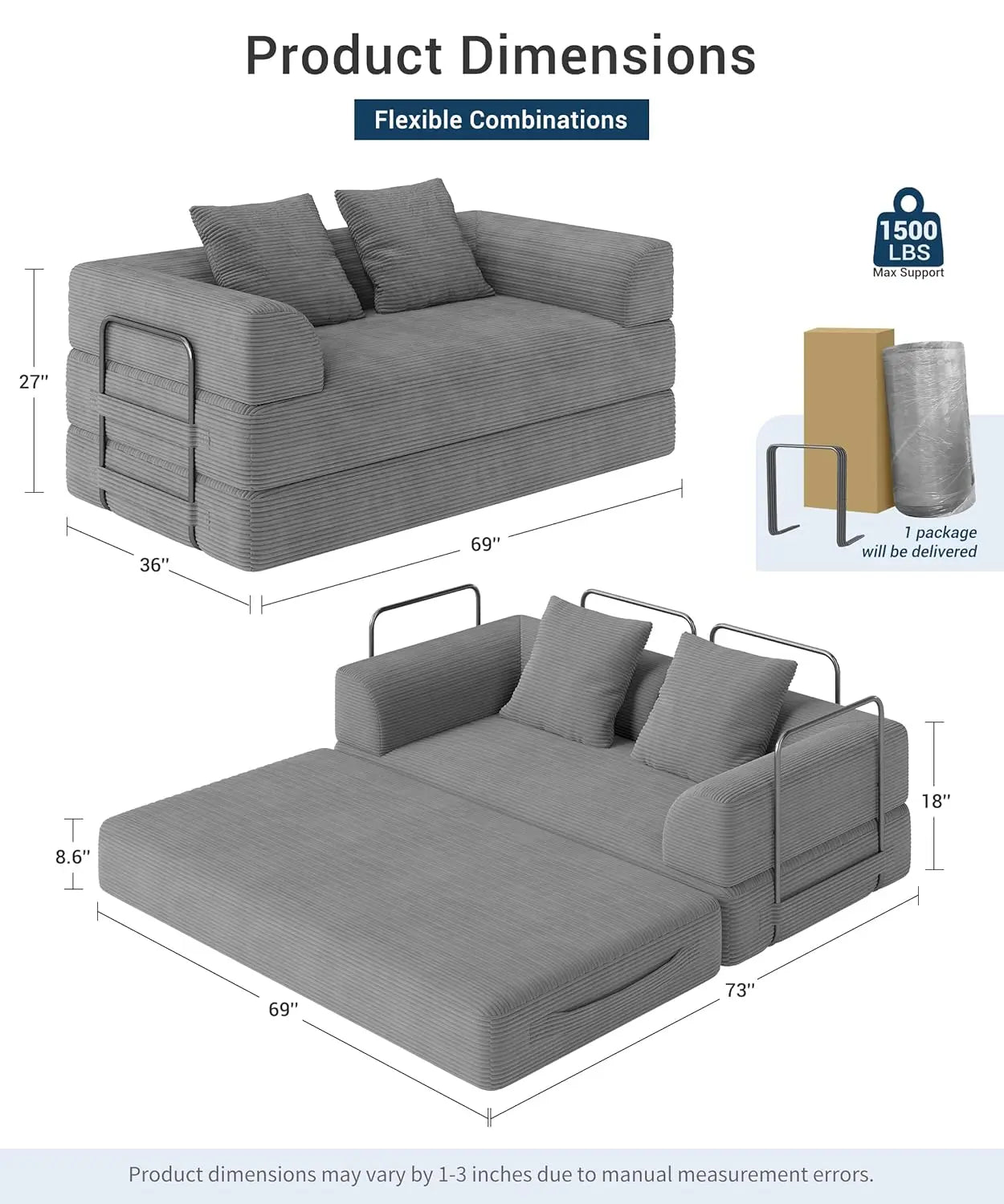 70" Cloud Convertible Floor Sofa Bed, 4-in-1 Foldable Compressed Loveseat Lounge Sleeper, 2-Seater Couch, Customized