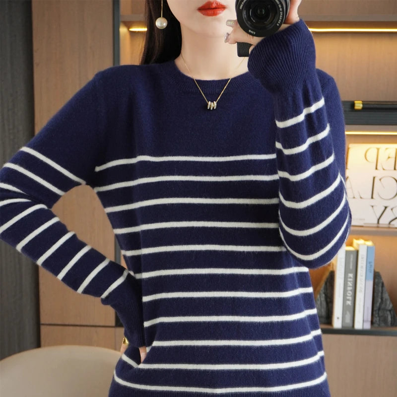Spring Women's Pullover Sweater Striped Two-Color Sweater Long Sleeve Crewneck New 100% Cotton Pullover Sweater For Women-SMY257