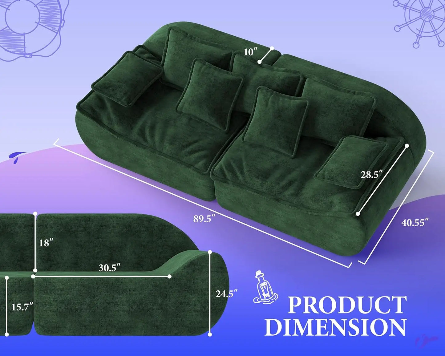 Sofa Couches 3-Seater Modular Sectional Sofa, 89''Comfy Loveseat with Throw, Deep Seat Small Sofa for Small Space, Customized