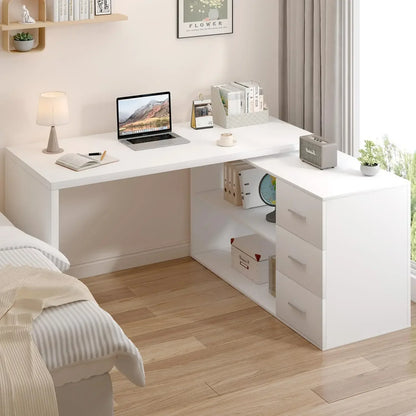 Hot saleHot-sellingWhite L-Shaped Computer Desk with 3 Drawers and 2 Shelves, Reversible Home Office Corner Desk for Writing Stu