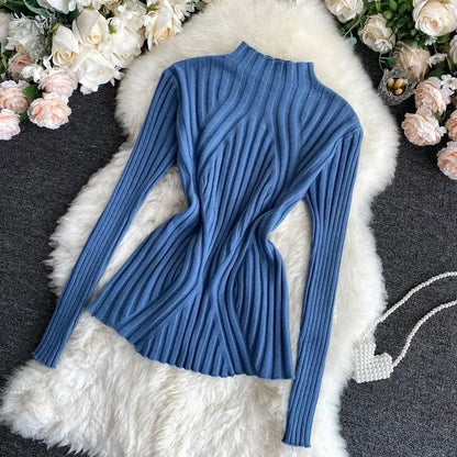 Knitted Sweater Women Pullover 2025 Half Turtleneck Jumper Sweater Autumn Winter Solid Slim Chic Streetwear Long Sleeve Top Y2K