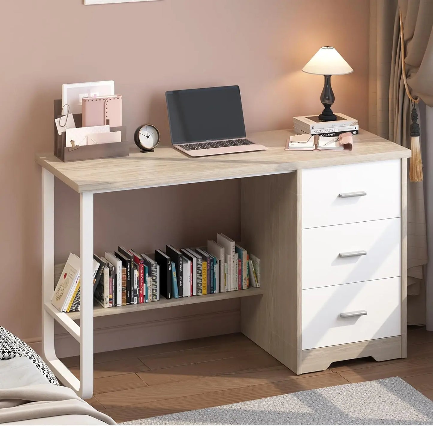 White Desk with 3 Drawers, 47 Inch Computer Desk with Drawers & Storage File Cabinet for Bedroom, Small Home Office Desk with