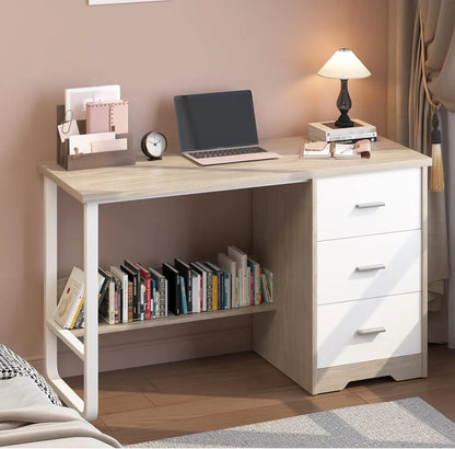 White Desk with 3 Drawers, 47 Inch Computer Desk with Drawers & Storage File Cabinet for Bedroom, Small Home Office Desk with