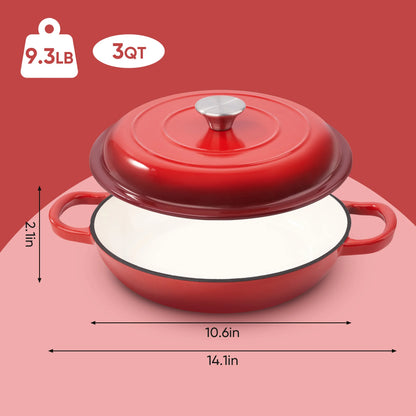 3 QT Enamel Light Cast Iron Dutch Oven, Double Handle Dutch Pot Cooking, Stew, Heavy Duty And Non-Stick, Oven Safety Up To 500°F