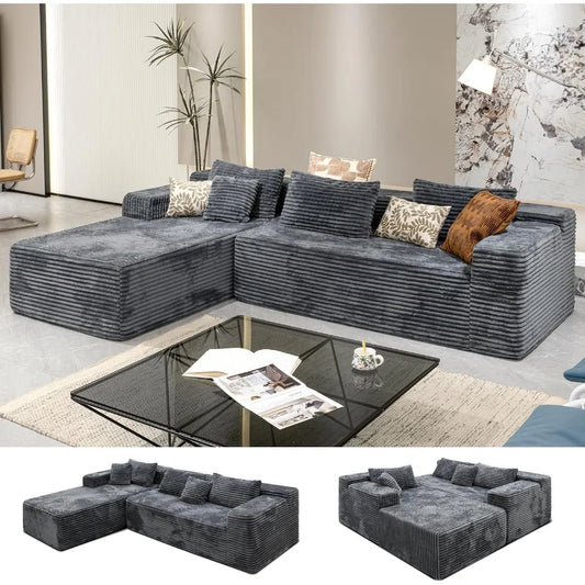 Grey sectional couches for Living Room-Corduroy Couch，104 Cloud Sectional Couch with L-Shape Chaise， Modern Modular Sofa, Deep S