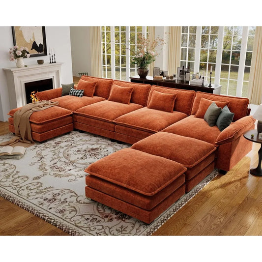 154" Oversized Modular Sectional Sofa, Comfy U-Shaped Cloud Couch w/ 3 Movable Ottomans, 7-Seater Chenille Deep, Customized