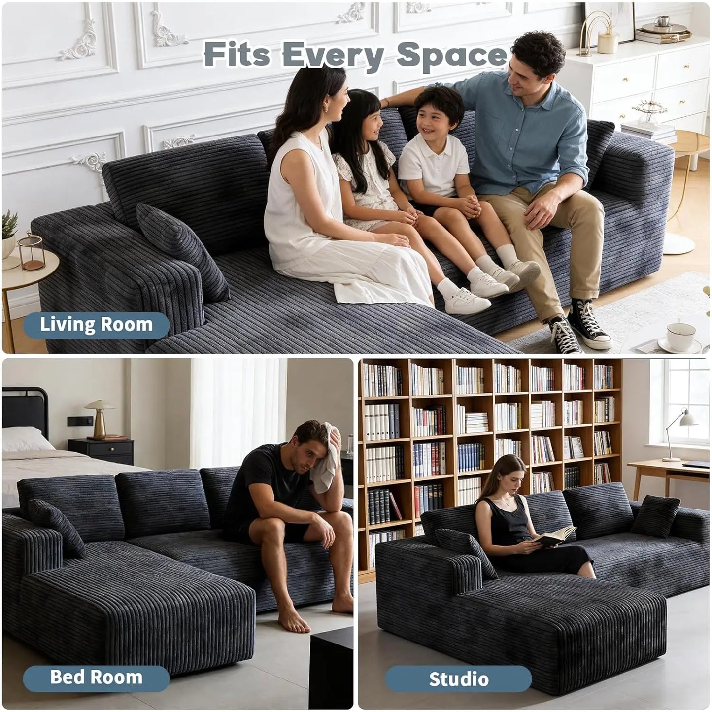 106" Corduroy Sectional Couch, Boneless L Shaped Couch with Deep Seat, Cloud Foam Sofa with Oversized Chaise, Sectional Sofa No