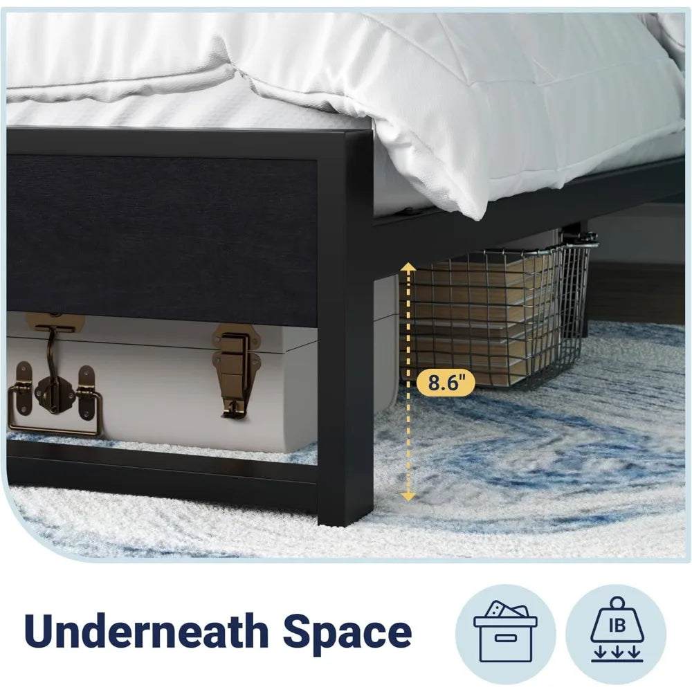 Sturdy Metal and Wooden Bed Frame with Headboard and Footboard,8.6" Underneath Space, No Box Spring Needed, Modern Design