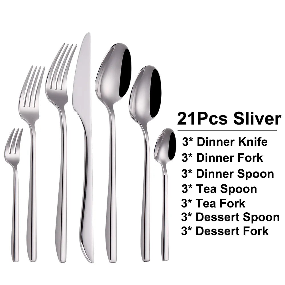 6/12/15/18/21 Pieces Sliver Cutlery Set Stainless Steel 304 Tableware Western Dinner Set Mirror Elegant Knife Fork Spoon