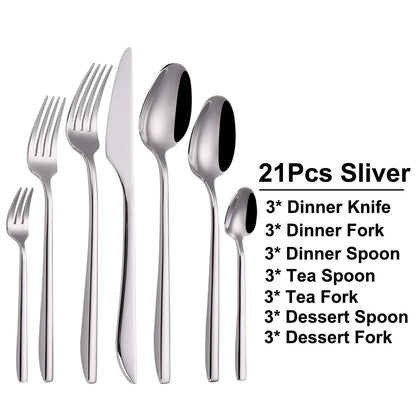 6/12/15/18/21 Pieces Sliver Cutlery Set Stainless Steel 304 Tableware Western Dinner Set Mirror Elegant Knife Fork Spoon