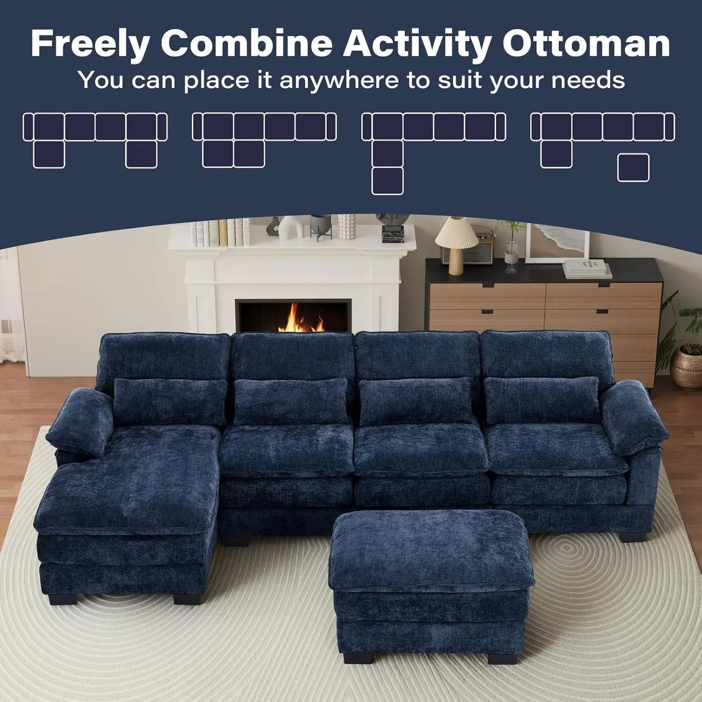 114" U Shape Sectional Cloud Couch with Ottoman,Fluffy Sectional Couches for Living Room,4 Seater Modular, Customized