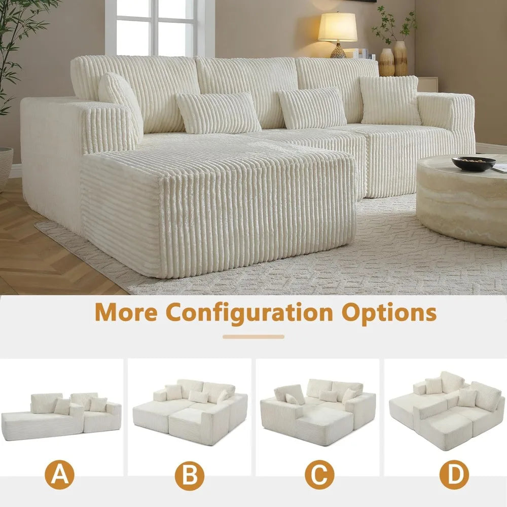 110" Modular Sectional Sofa, Corduroy Upholstered Deep Seat Couch for Living Room Bedroom, Left Facing Chaise Beige