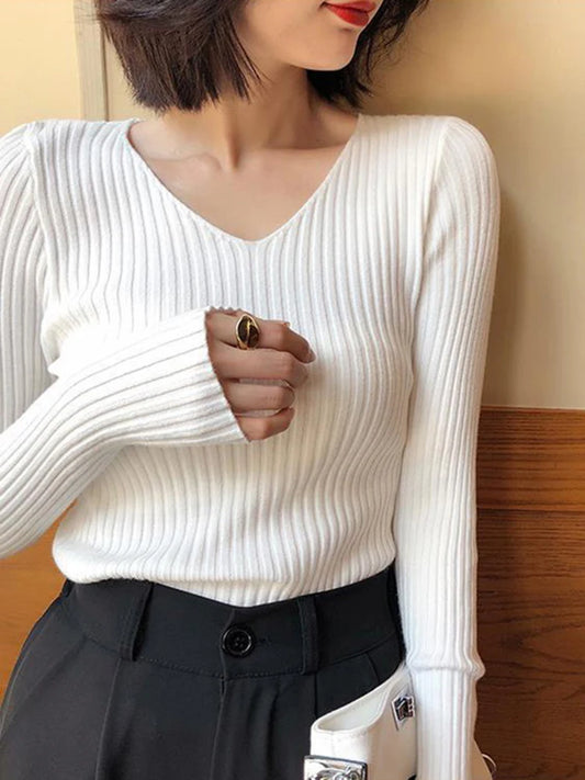 2025 Autumn Winter Women Solid Rib Knit V Neck Stripe Pull Sweater Femme Long Sleeve Pullover Jersey Tops Fashion Clothes Y2k