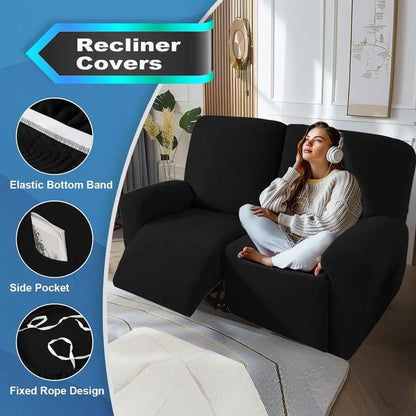 4 Pieces Recliner Loveseat Covers Stretch Recliner Sofa Slipcover with Elastic Bottom Jacquard Fitted Reclining Couch Cover Furn