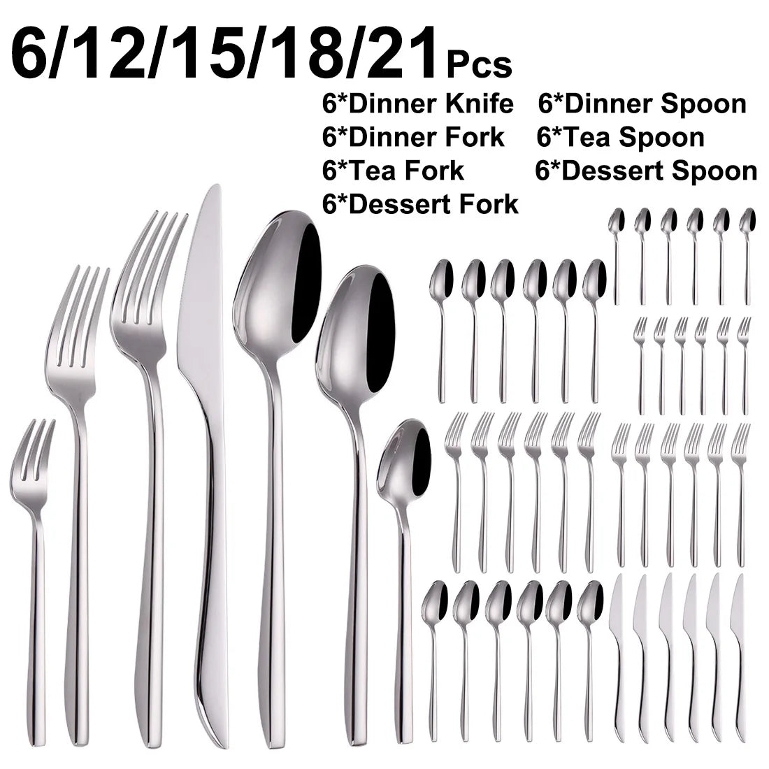 6/12/15/18/21 Pieces Sliver Cutlery Set Stainless Steel 304 Tableware Western Dinner Set Mirror Elegant Knife Fork Spoon