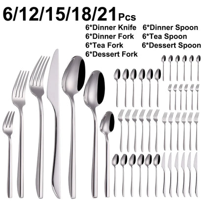 6/12/15/18/21 Pieces Sliver Cutlery Set Stainless Steel 304 Tableware Western Dinner Set Mirror Elegant Knife Fork Spoon