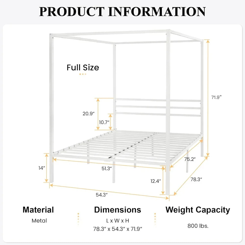 SHA CERLIN Canopy Bed Frame Full Size/Mattress Foundation with Metal Slats Support/No Box Spring Needed/Easy Assembly/White