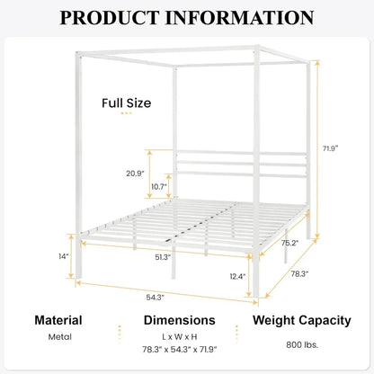 SHA CERLIN Canopy Bed Frame Full Size/Mattress Foundation with Metal Slats Support/No Box Spring Needed/Easy Assembly/White