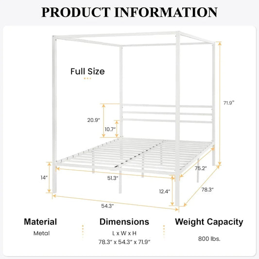 SHA CERLIN Canopy Bed Frame Full Size/Mattress Foundation with Metal Slats Support/No Box Spring Needed/Easy Assembly/White