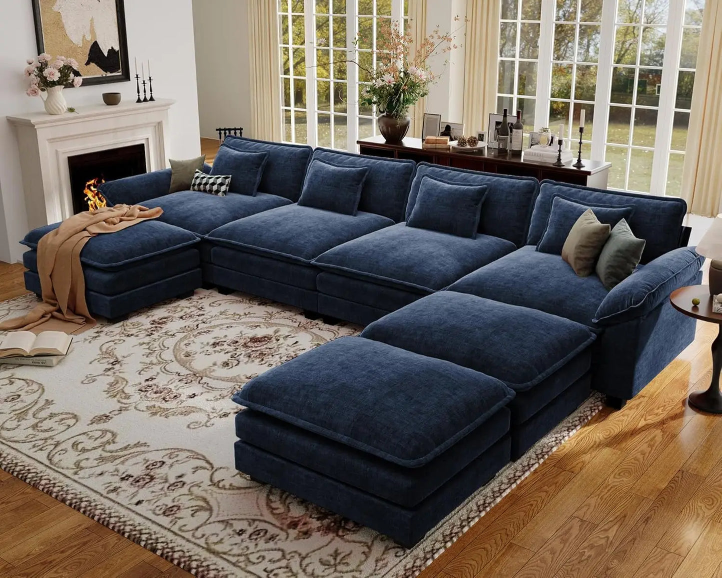 154" Oversized Modular Sectional Sofa, Comfy U-Shaped Cloud Couch w/ 3 Movable Ottomans, 7-Seater Chenille Deep, Customized