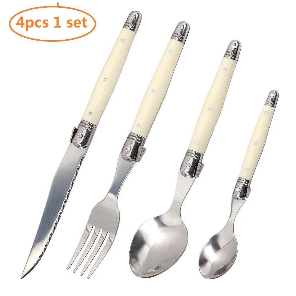 4/6/24pcs Laguiole Ivory White Silverware Stainless Steel Steak Knives Table Forks Dinner Spoons Dessert Teaspoon Xmas Cutlery