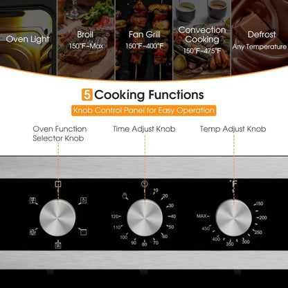 COSTWAY 24" Single Wall Oven, Electric Built-in Wall Oven with 2.47 Cu.  Ft. Capacity, 5 Cooking Functions, 360° Rotisserie