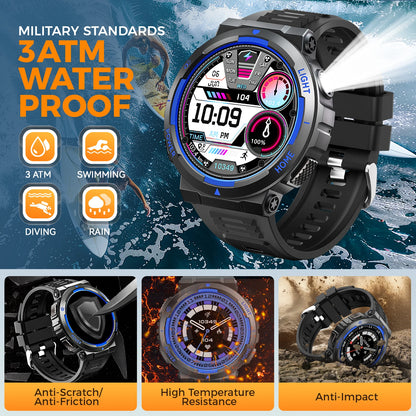 EIGIIS Military Smart Watches for men with LED Flashlight 1.53" IPS Screen Bluetooth Call with 100+ Sports Modes Fitness Tracker