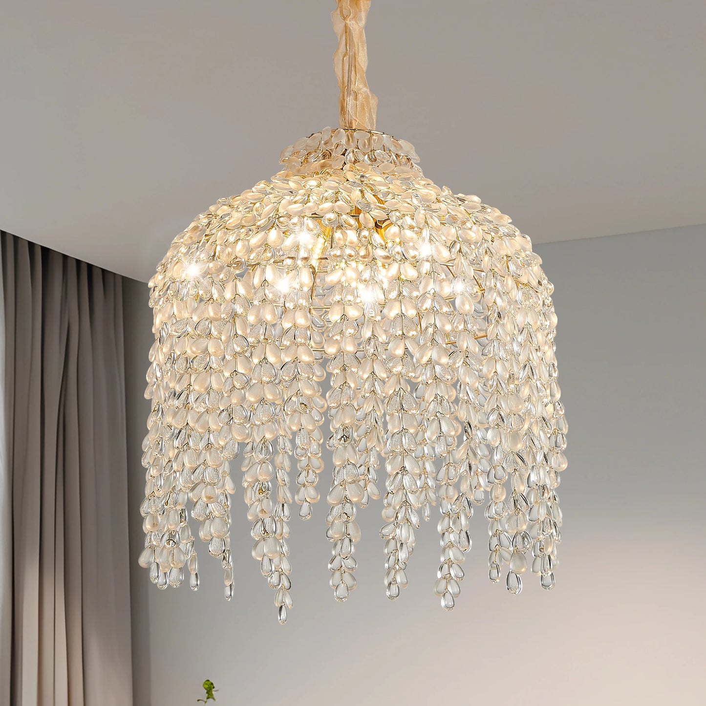 16 Inch 5-Light Crystal Pendant Light Chandelier Elegant Waterfall Design with Crystal Bead Strings and Gold Finish (No Bulb)