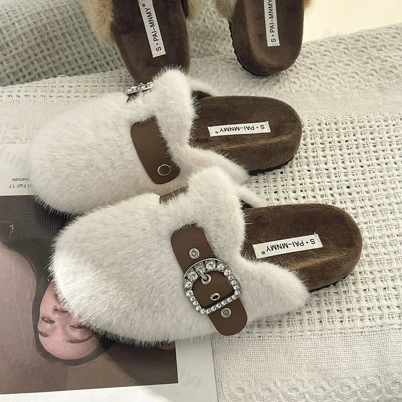 Winter Warm Plush Slippers for Women Closed Toe Faux Fur Cotton Shoes Woman Fashion Buckle Lightweight Flat Mules Shoes 2025