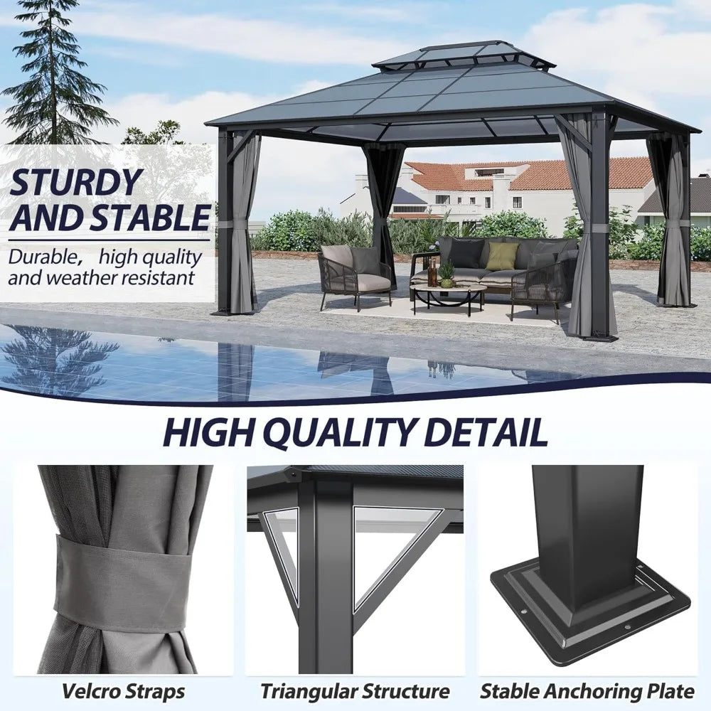 12' x 14' Hardtop Gazebo with Double Polycarbonate Roof, Metal Frame, Netting & Curtains for Outdoor Garden Patio