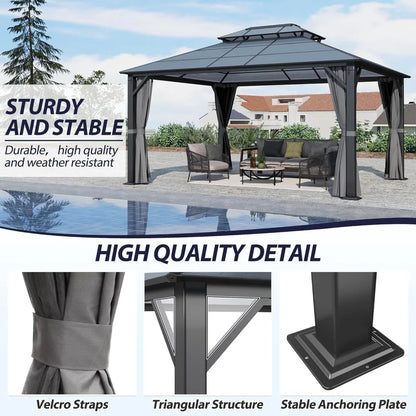 12' x 14' Hardtop Gazebo with Double Polycarbonate Roof, Metal Frame, Netting & Curtains for Outdoor Garden Patio